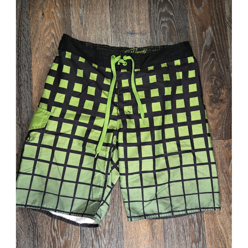 Mountain Dew Mens Board Shorts Green Black Grid Swim Trunks Size 34 Logo Cargo